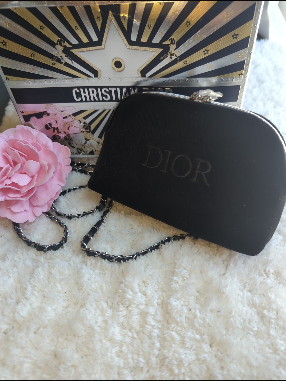 Dior Black Velvet Crossbody Beauty Pouch with Braided Chain Silver Hardware